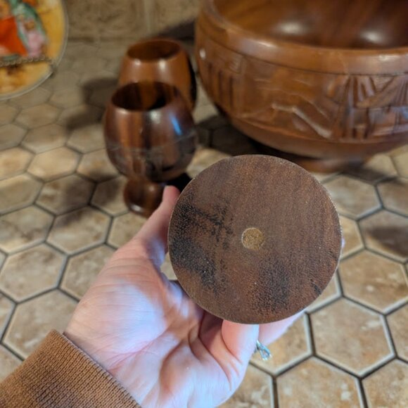 Vintage Carved Wood Punch Bowl & 5 Cups *NOT WATERTIGHT* - Picture 7 of 13